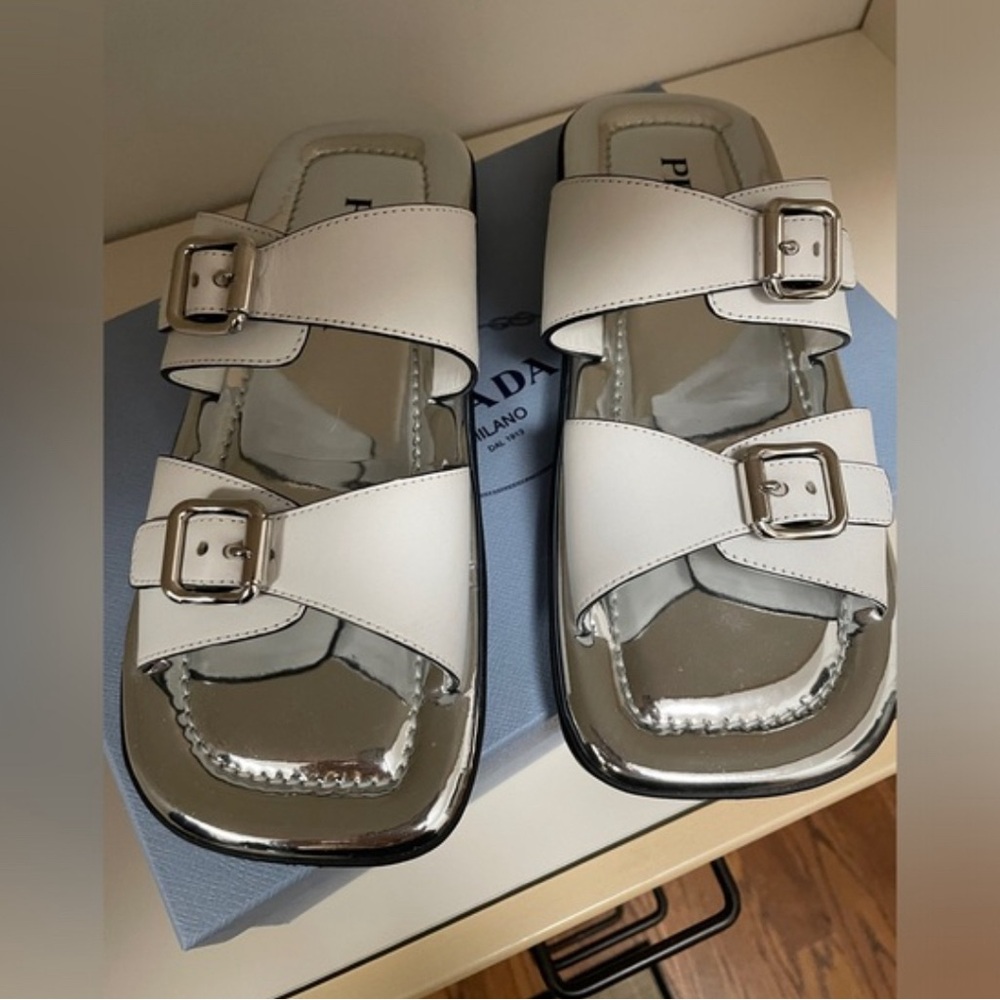 Prada Calzature Donna leather sandals, white and silver, size 38.5 - Picture 1 of 9
